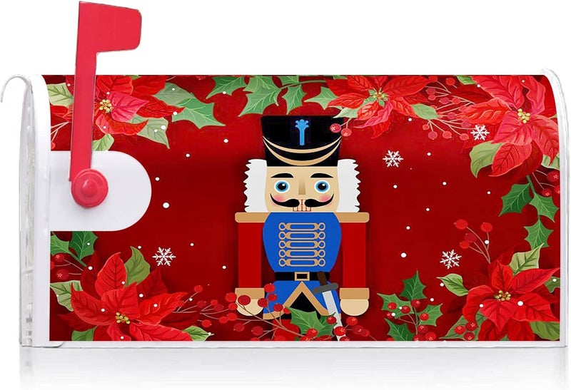 Texupday Merry Christmas Nutcracker Poinsettia Decoration Mailbox Cover with Magnetic Strip Winter Mailbox Wraps Post Letter Box Cover Standard Size 21" X 18" for Garden Outdoor Yard Decor - Image 2